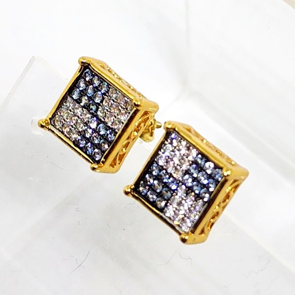Iced Square Stud Pave Crystal Gold Plated Blue White Crystal Pierced Earrings - Picture 2 of 11